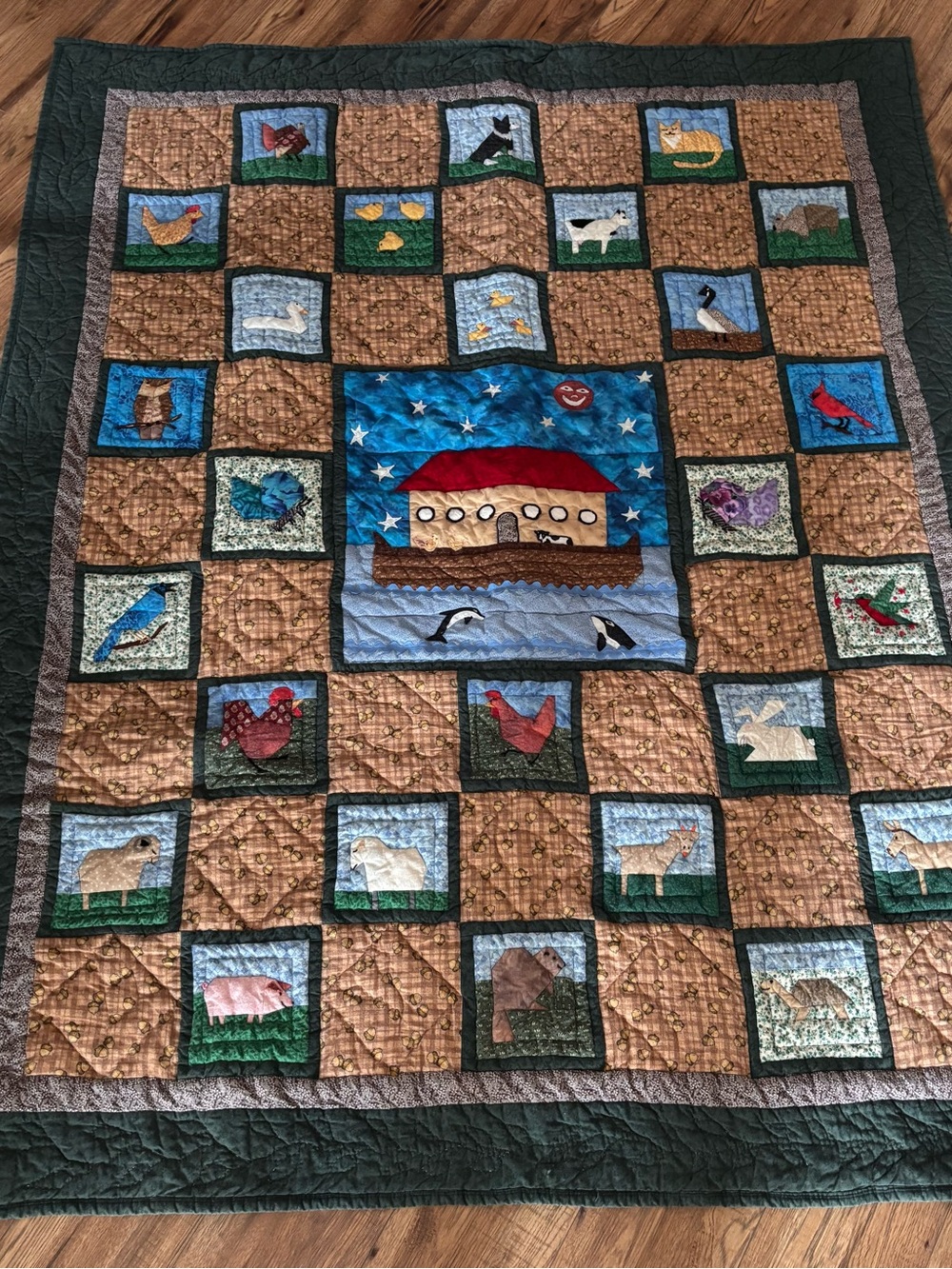 Handmade Noah's Ark Patchwork Quilt in Green and Brown back of quilt is Cats